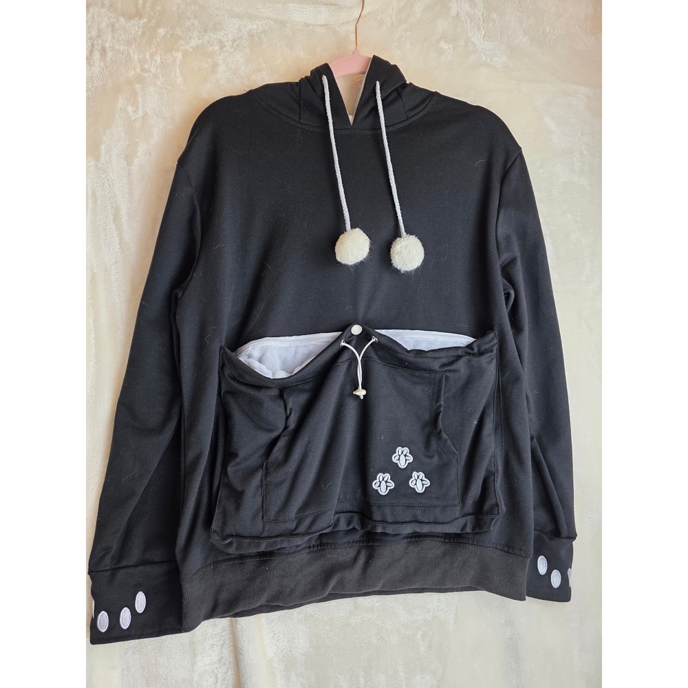 BOMBAXCEIBA Black Hoodie Kangaroo Pouch Cat‎ Paw Embroidery Women